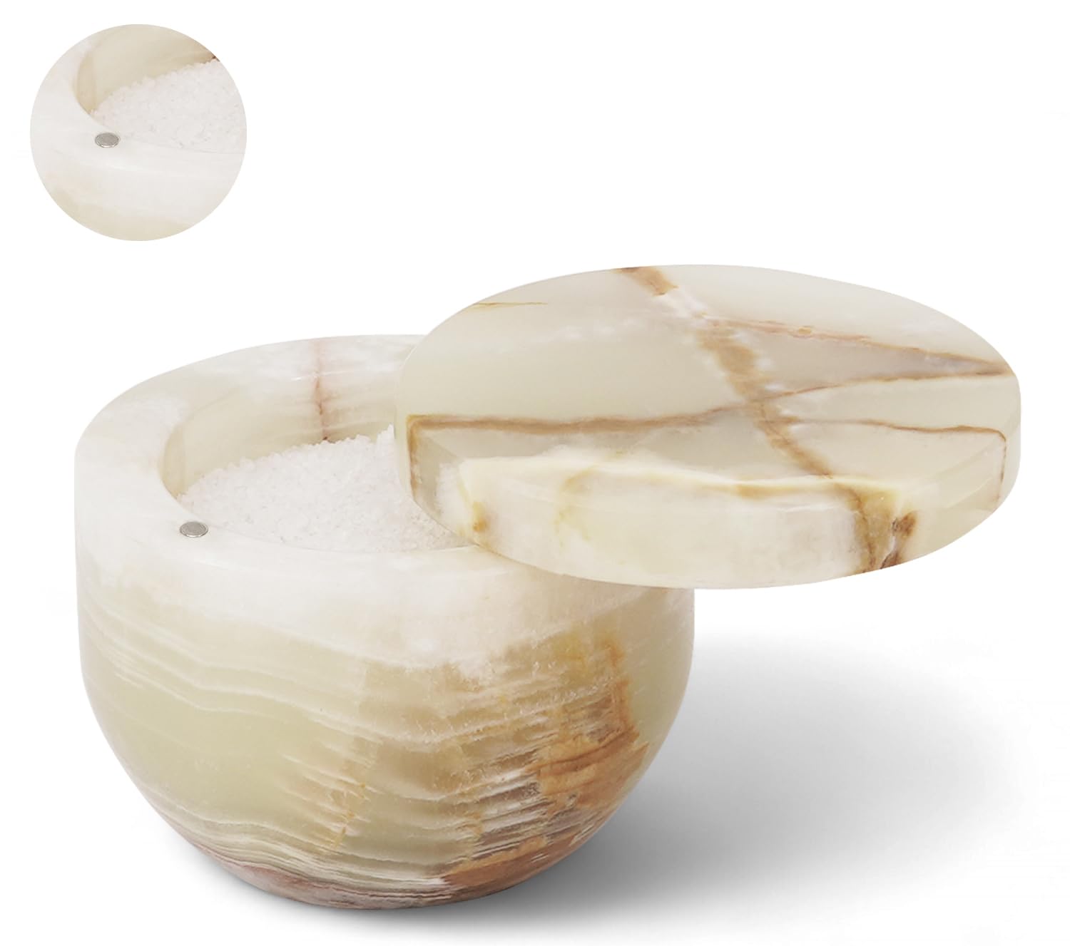 Marble Salt Cellar with Swivel Lid 3" Inches Green Onyx Salt Keeper for Countertop, Kosher Salt and Seasoning Storage Container for Kitchen or Bath Salt