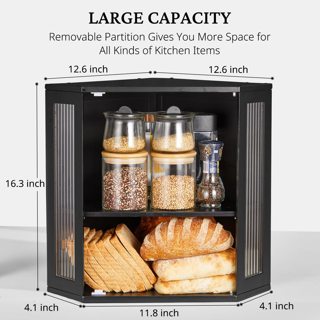 BRONYPRO Corner Bread Box for Kitchen Countertop, Double Layer Bamboo Breadbox with Adjustable Partition, Modern Bread Storage Organizer (Meduim Black)
