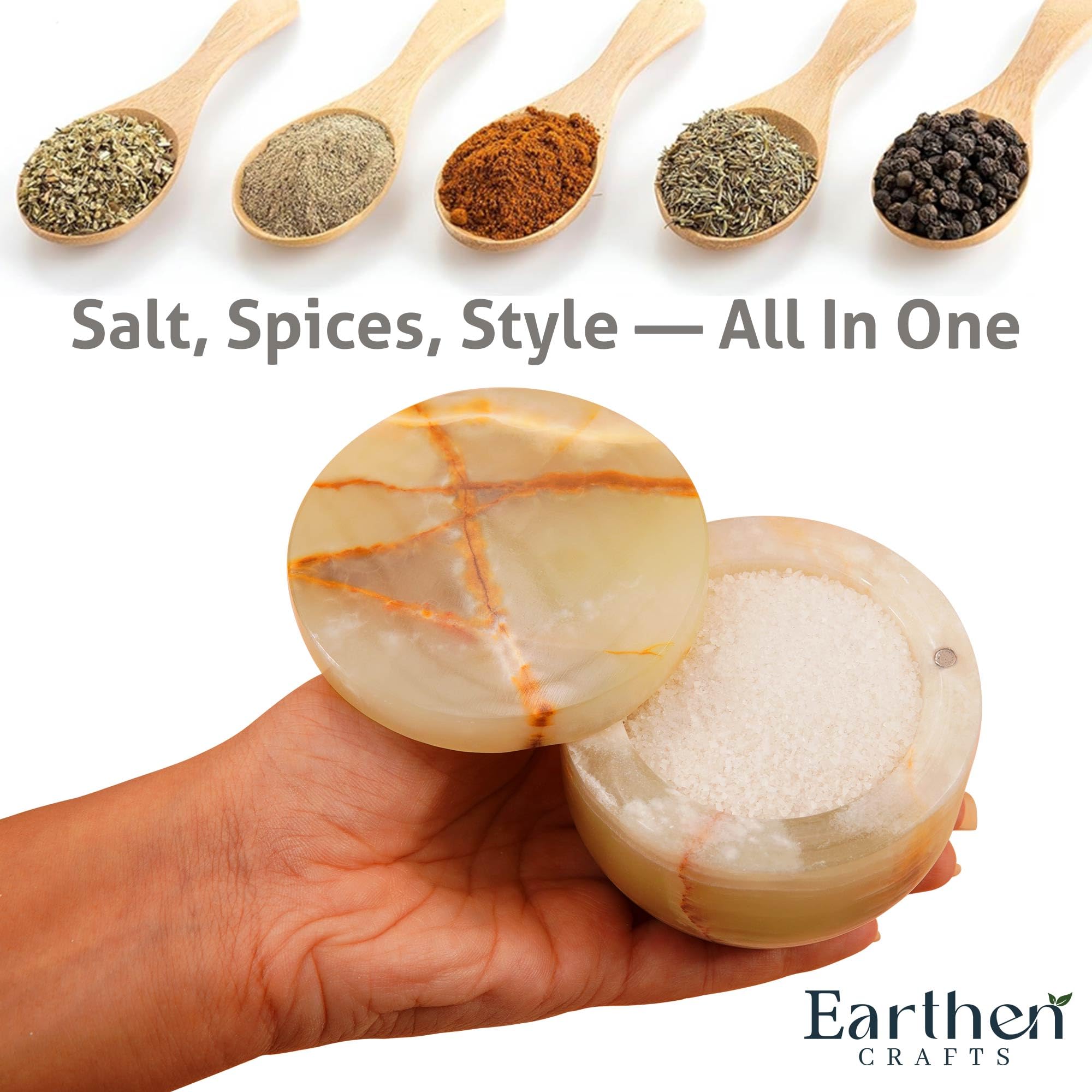 Marble Salt Cellar with Swivel Lid 3" Inches Green Onyx Salt Keeper for Countertop, Kosher Salt and Seasoning Storage Container for Kitchen or Bath Salt