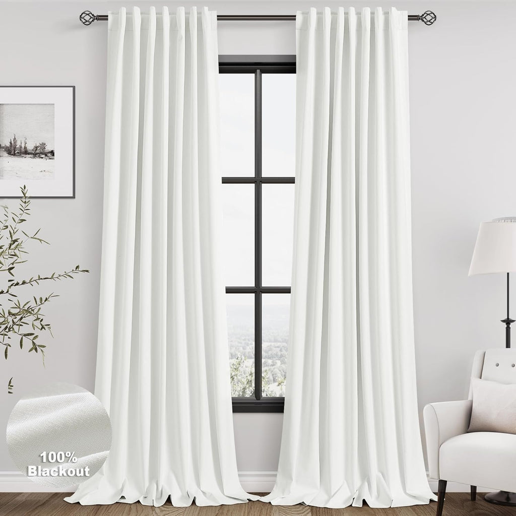 Nanspring Cream 100% Blackout Linen Curtains 84 Inch Length 2 Panels Set for Bedroom Back Tab Neutral Boho Modern Farmhouse Decor Black Out Curtain for Living Room Natural Ivory Luxury Drapes 52x84