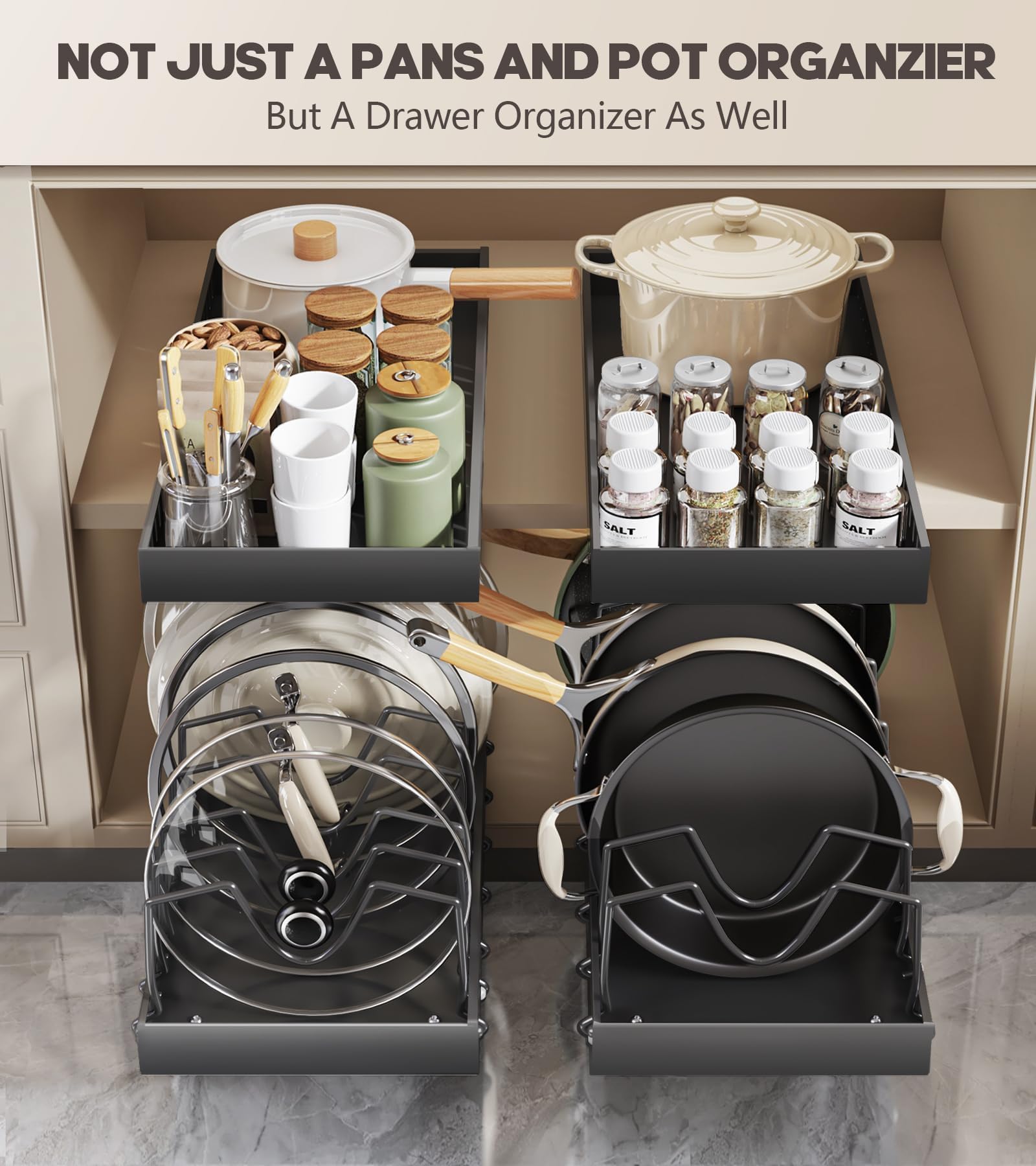 Pull Out Pots and Pans Organizer Under Cabinet, Sliding Lid Holder and Pan Rack in Kitchen, Slide Out Inside Cabinet Storage for Pot Lid, Bakeware, Dishes, 8 Adjustable Dividers, 2 Pack Black