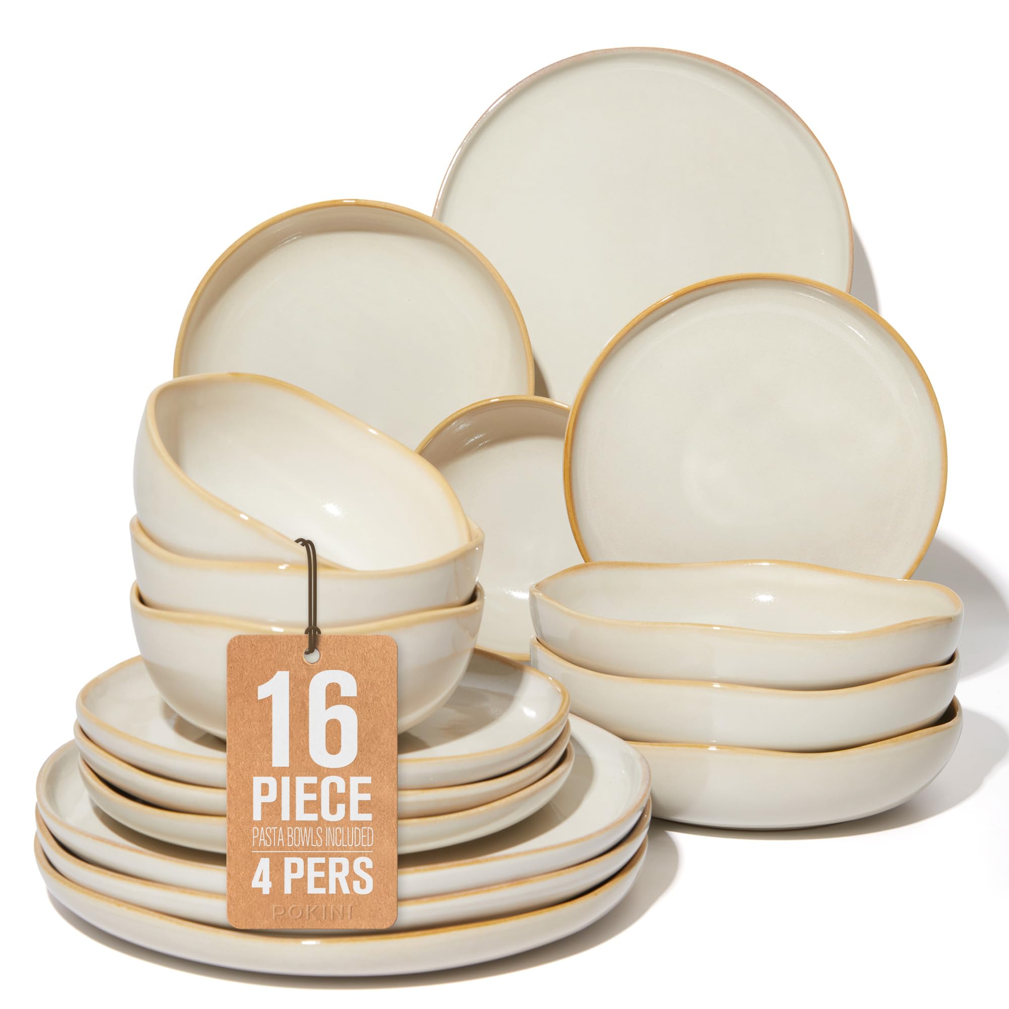 Plates and Bowls Sets, 16 Pieces Dinnerware Set for 4 with Pasta Bowls, Handmade Dishes Set, Chip Resistant Dishware Sets, Microwave Safe Dinner Set, Designed for Interactive Meals, Gray Green