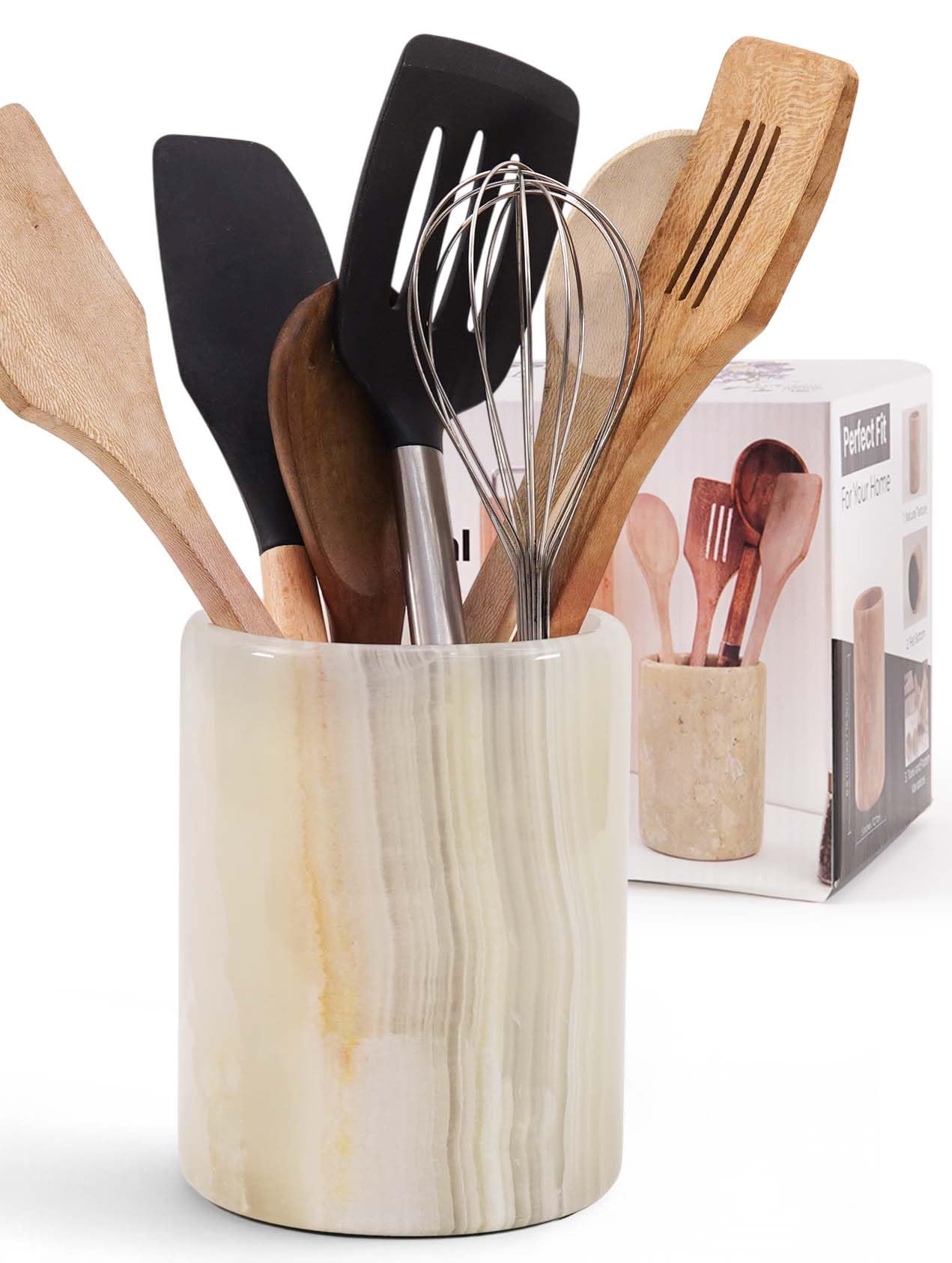Marble Utensil Holder 6.5 Inch Cream Onyx Wooden Cooking Utensils Set & Spatula Organizer for Kitchen Counter, Stone Utensil Crock & Caddy for Spoon Holder & Farmhouse Decor
