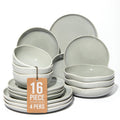 Plates and Bowls Sets, 16 Pieces Dinnerware Set for 4 with Pasta Bowls, Handmade Dishes Set, Chip Resistant Dishware Sets, Microwave Safe Dinner Set, Designed for Interactive Meals, Gray Green
