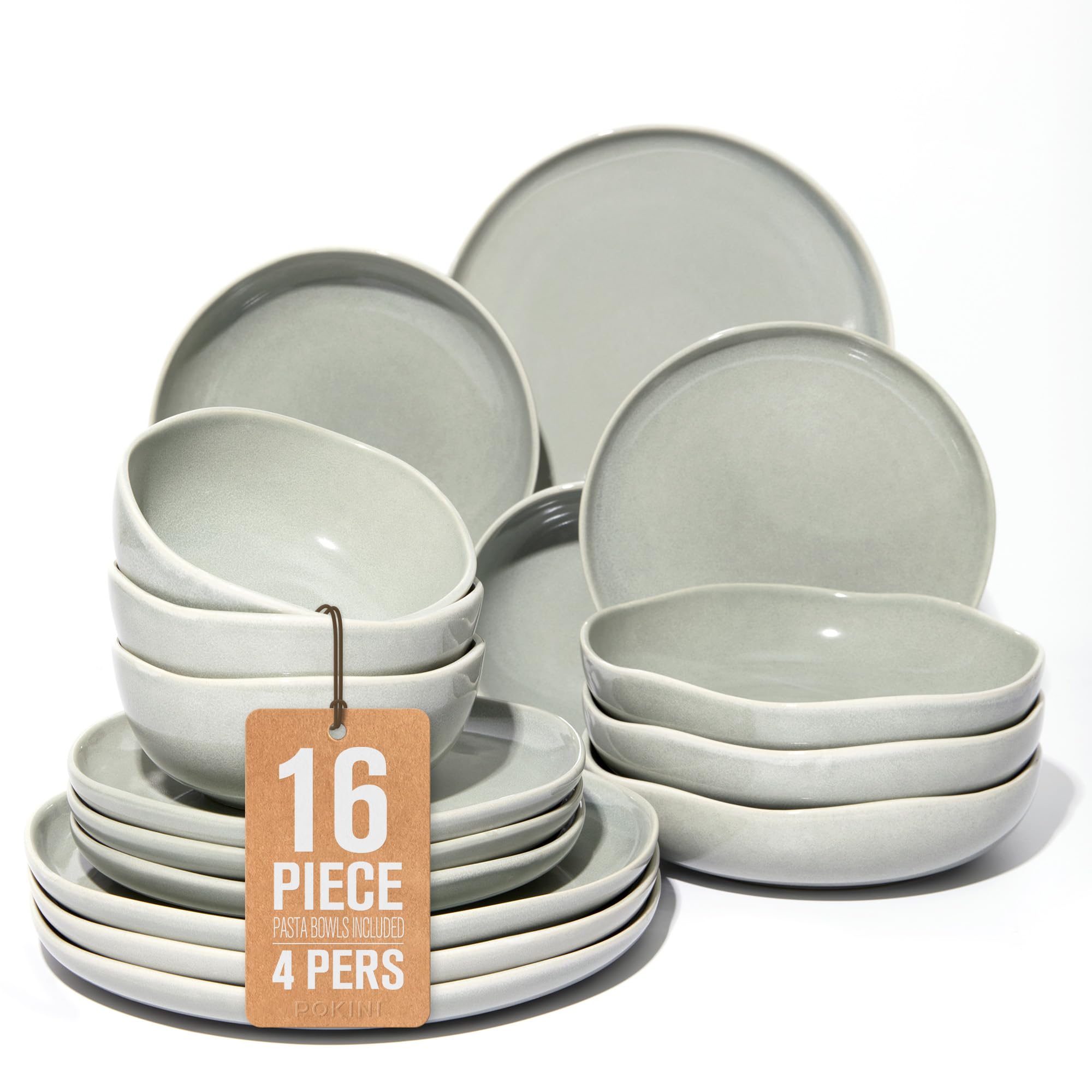 Plates and Bowls Sets, 16 Pieces Dinnerware Set for 4 with Pasta Bowls, Handmade Dishes Set, Chip Resistant Dishware Sets, Microwave Safe Dinner Set, Designed for Interactive Meals, Gray Green