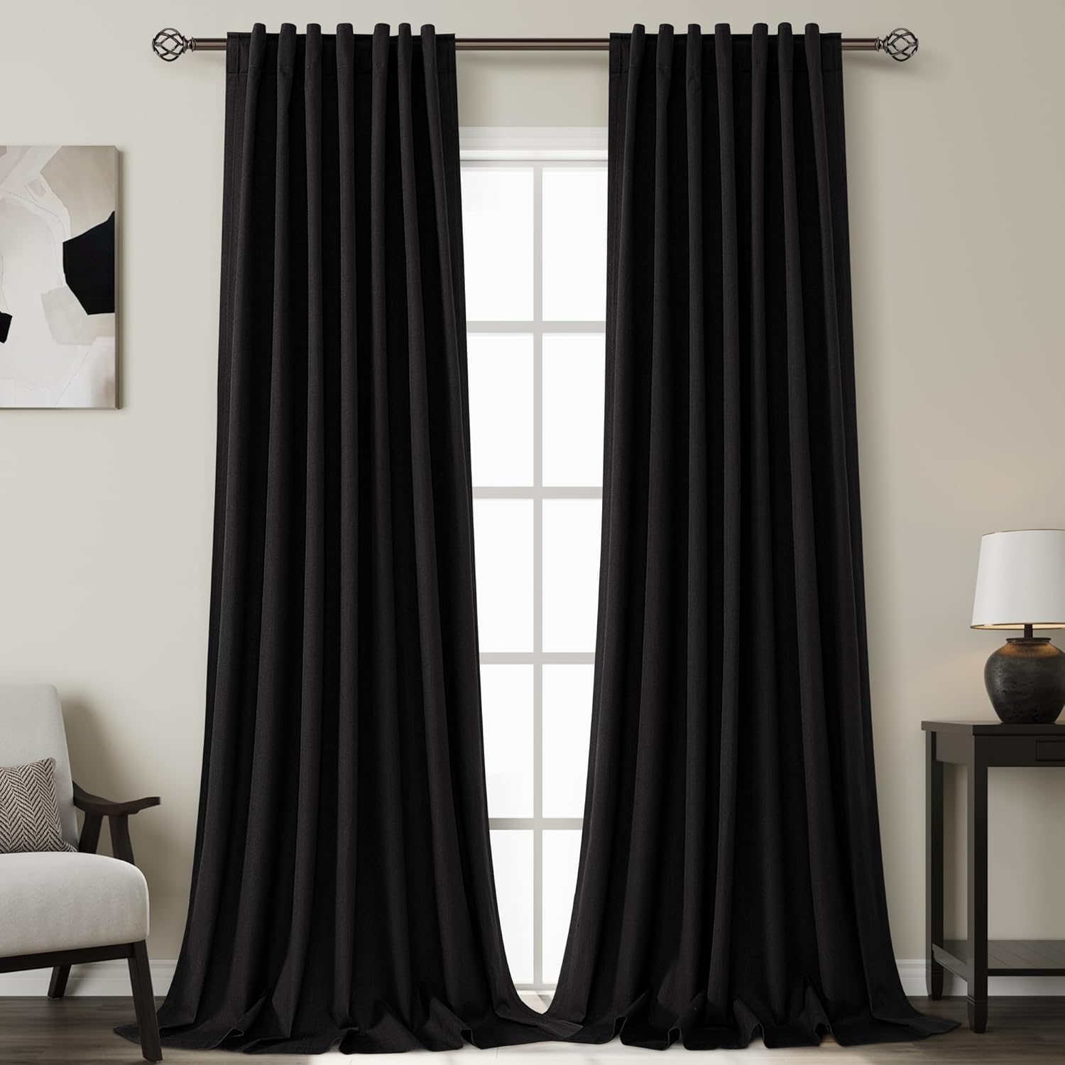 Nanspring Cream 100% Blackout Linen Curtains 84 Inch Length 2 Panels Set for Bedroom Back Tab Neutral Boho Modern Farmhouse Decor Black Out Curtain for Living Room Natural Ivory Luxury Drapes 52x84