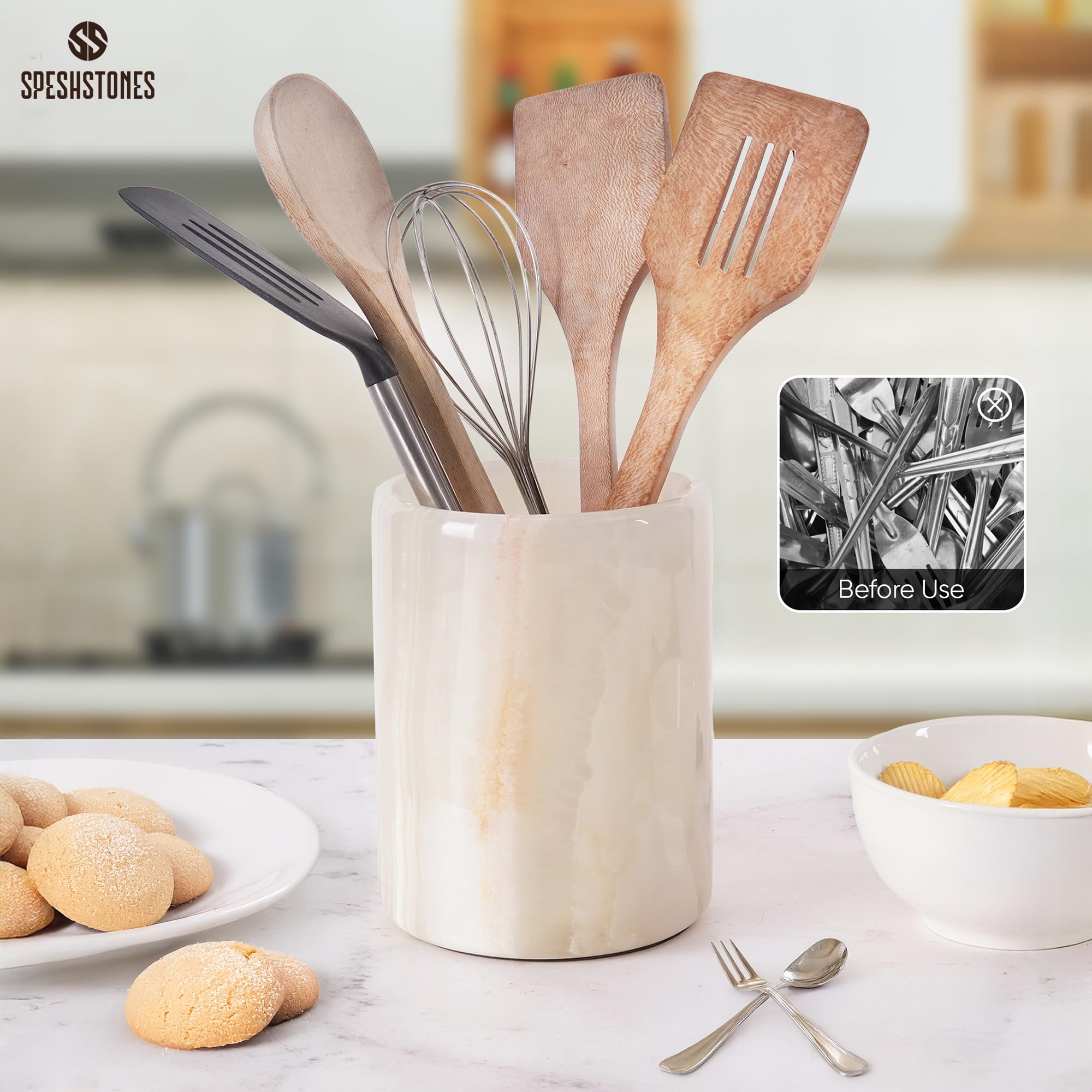 Marble Utensil Holder 6.5 Inch Cream Onyx Wooden Cooking Utensils Set & Spatula Organizer for Kitchen Counter, Stone Utensil Crock & Caddy for Spoon Holder & Farmhouse Decor