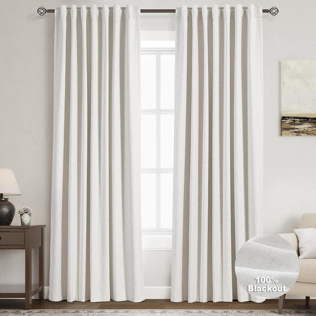 Nanspring Cream 100% Blackout Linen Curtains 84 Inch Length 2 Panels Set for Bedroom Back Tab Neutral Boho Modern Farmhouse Decor Black Out Curtain for Living Room Natural Ivory Luxury Drapes 52x84