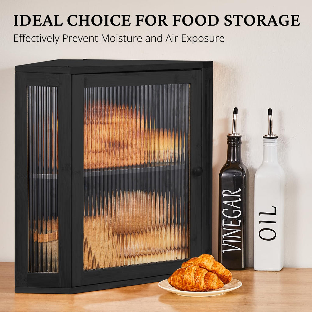 BRONYPRO Corner Bread Box for Kitchen Countertop, Double Layer Bamboo Breadbox with Adjustable Partition, Modern Bread Storage Organizer (Meduim Black)