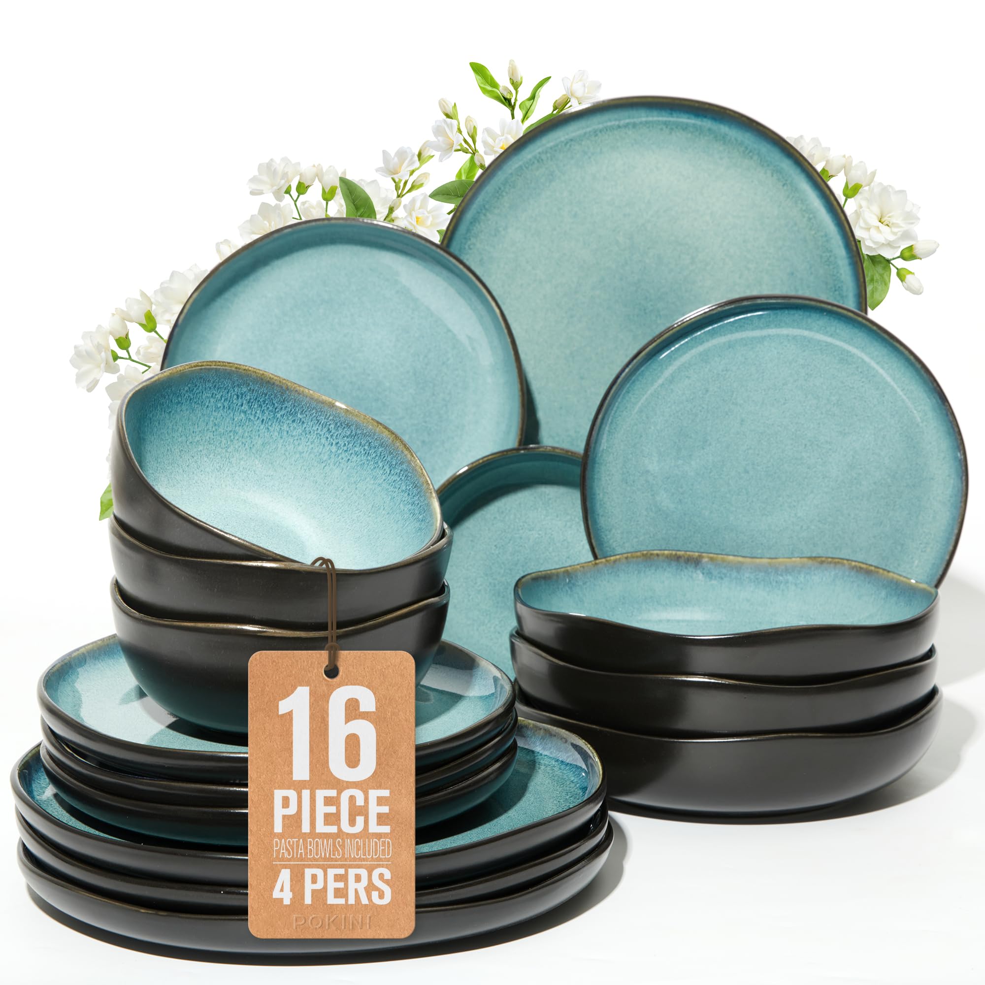 Plates and Bowls Sets, 16 Pieces Dinnerware Set for 4 with Pasta Bowls, Handmade Dishes Set, Chip Resistant Dishware Sets, Microwave Safe Dinner Set, Designed for Interactive Meals, Gray Green