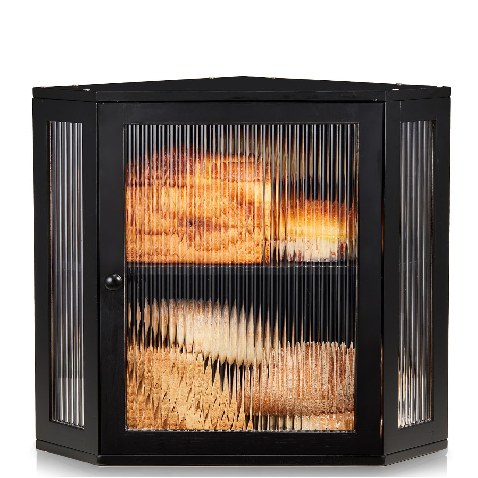 BRONYPRO Corner Bread Box for Kitchen Countertop, Double Layer Bamboo Breadbox with Adjustable Partition, Modern Bread Storage Organizer (Meduim Black)