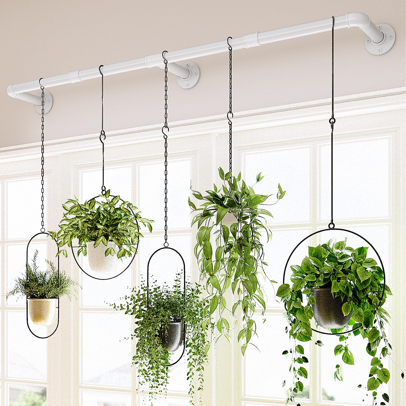 Bamworld Window Plant Hanger Indoor 63in Hanging Planters for Indoor Plants Hanging Plants Holder Hanging Rod Window Plant Shelves Wall Planters Pot/Chain/Plant Not Included(Black)